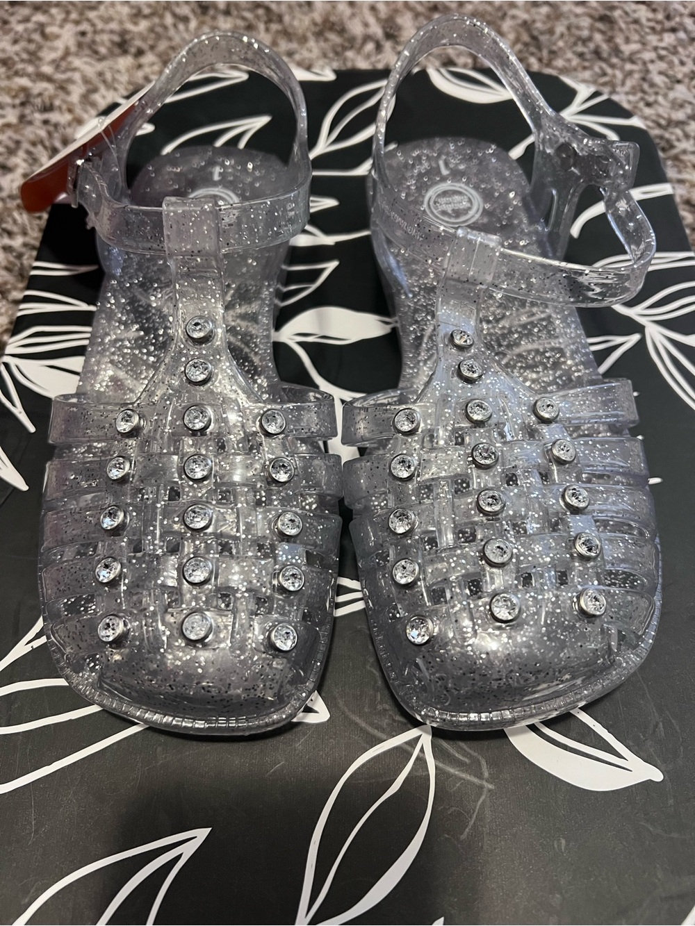 Clear Glitter Jelly Sandals with Rhinestones